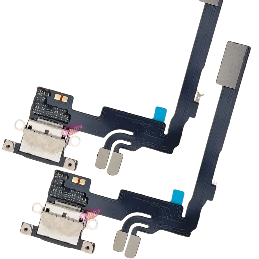 Two black flex cables with silver connectors and blue tabs for iphone 16 pro max charging port replacement