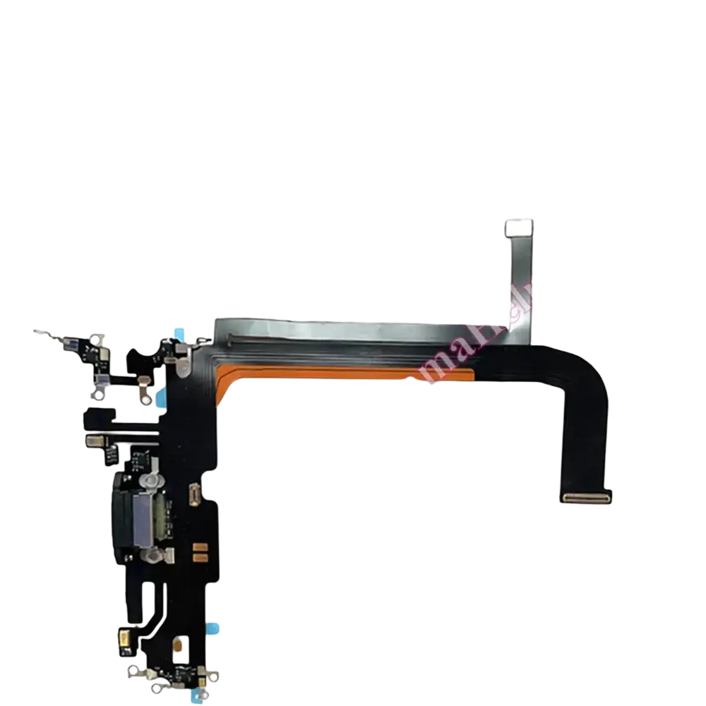 Black flexible charging port flex cable with metallic connectors and orange ribbon for iphone 13 pro max
