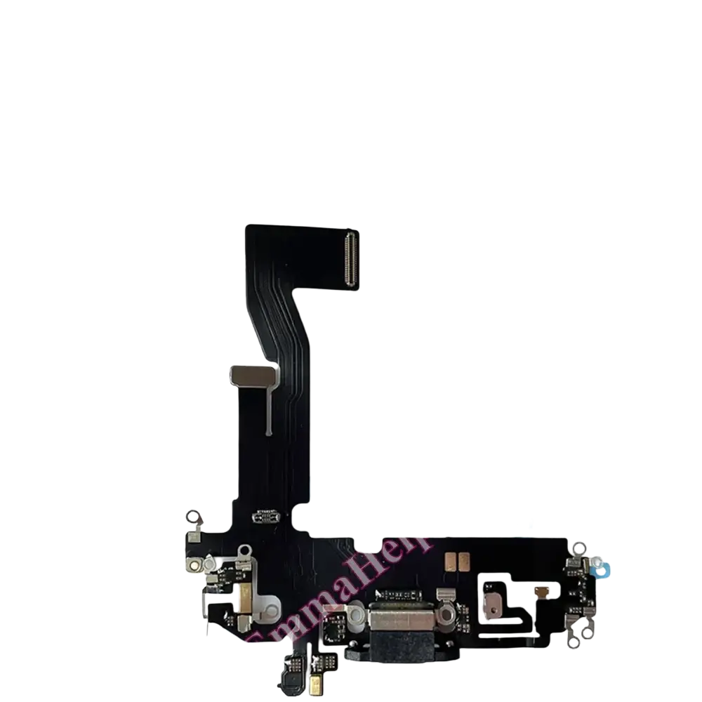 Black flexible charging port flex cable for iphone 12 pro max displaying the back side of the circuit board