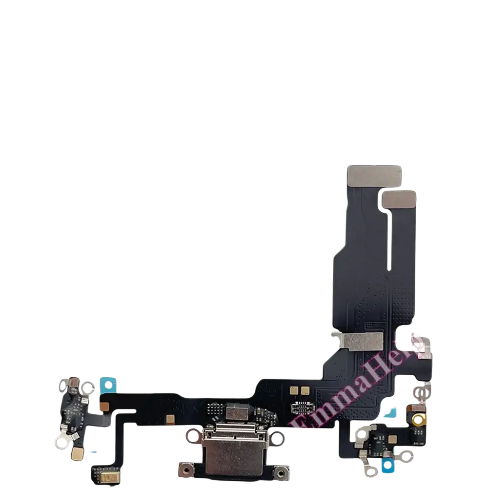 Black flex cable charging port with usb-c and connectors designed for iphone 15 pro max back side view