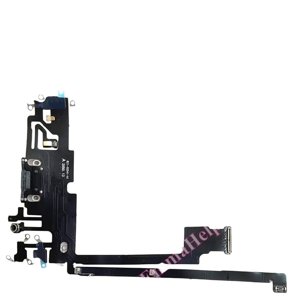 Black flexible charging port flex cable for iphone 12 pro max showing back side of the circuit board