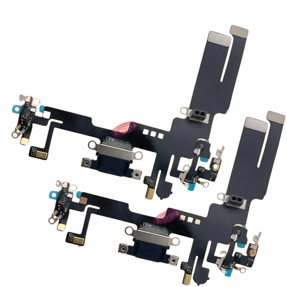 Black flexible charging port flex cable with metallic connectors and solder points for iphone 14 pro max