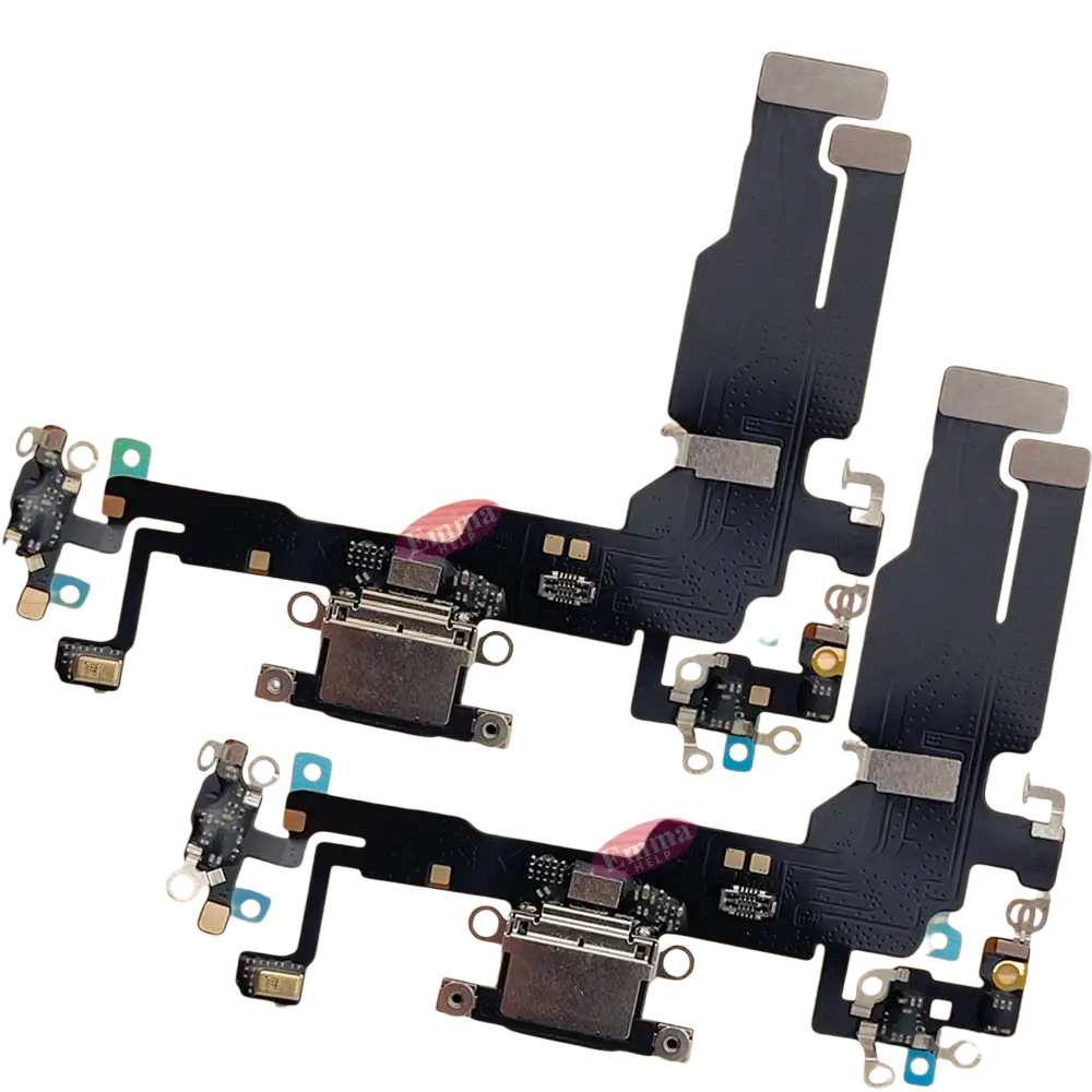 Black flexible charging port flex cable assembly for iphone 15 pro max showing back side details