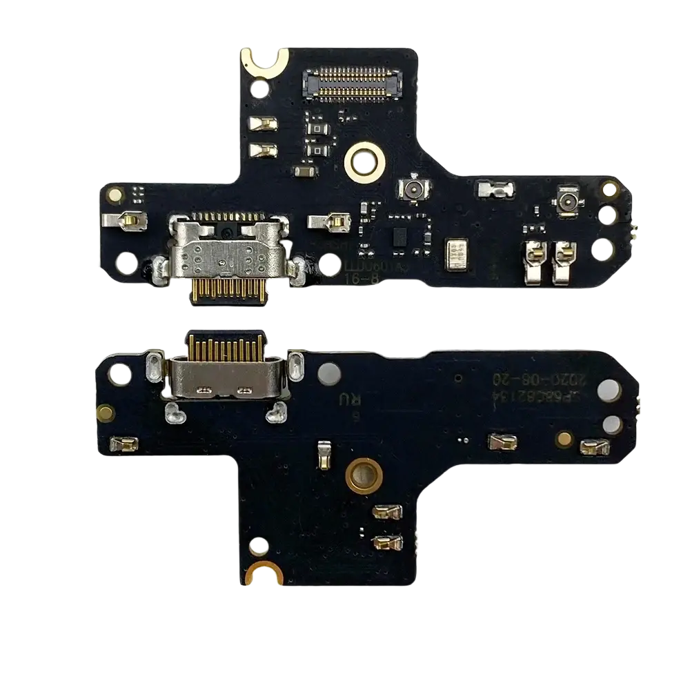 Black circuit board charging port flex cable with silver usb-c and gold contacts for moto g9 power charging dock