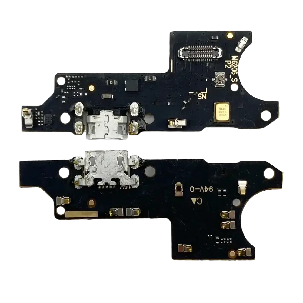 Black charging port flex cable for Moto G9 Power with silver metallic usb-c connector and gold-plated contacts