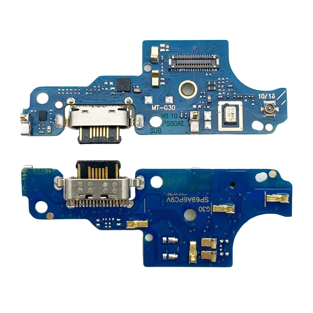 Blue charging port flex cable for moto g9 power with silver usb-c port and gold connectors for charging dock use