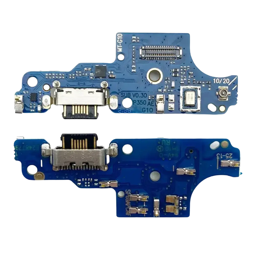 Blue charging port flex cable for moto g9 power with silver usb-c connector and electronic components