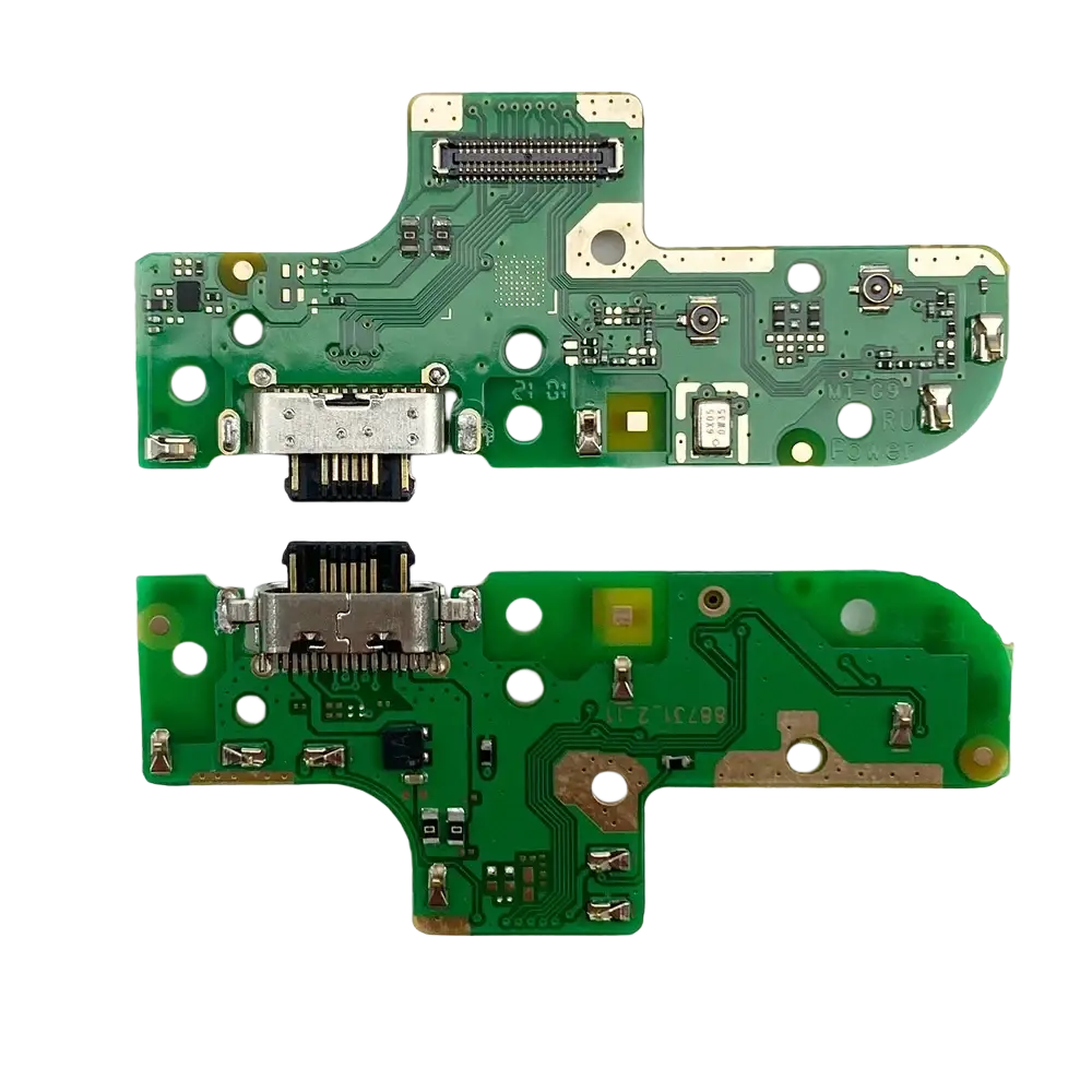 Charging port flex cable for moto g9 power with silver usb-c port on green circuit board replacement dock