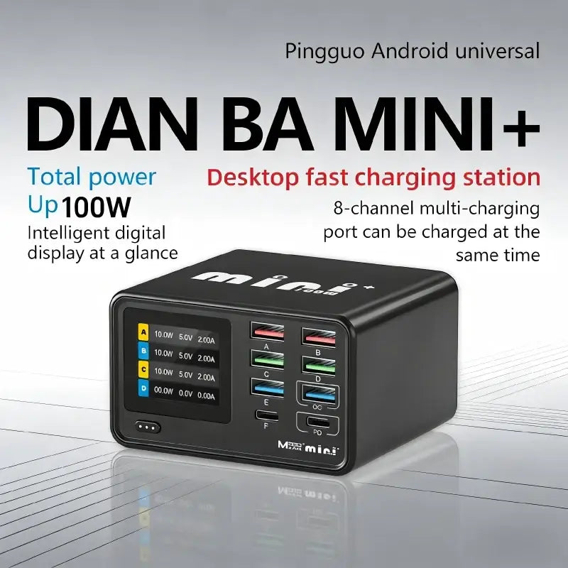 Black rectangular desktop charging station with multiple usb ports and intelligent digital display for fast charging