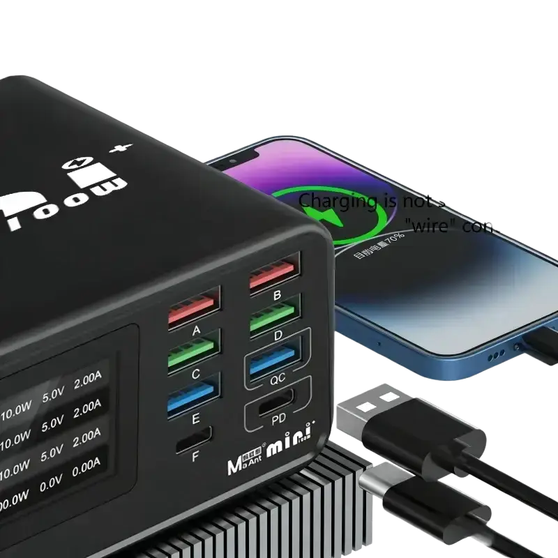 Black 100w multi-port usb-c and usb-a charging station with color-coded ports for desktop charging station use