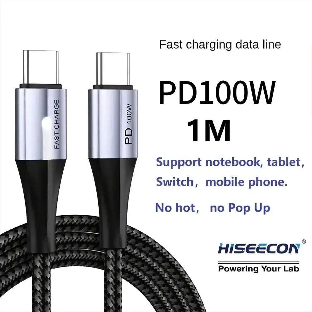 Black braided pd100w fast charging data cable with silver usb-c connectors for desktop charging station 100w usb multi port digital display