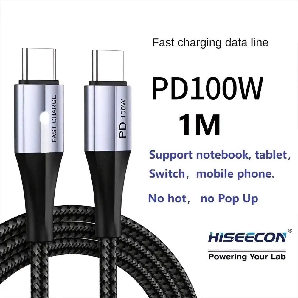 Black braided pd100w fast charging data cable with silver usb-c connectors for desktop charging station 100w multi port