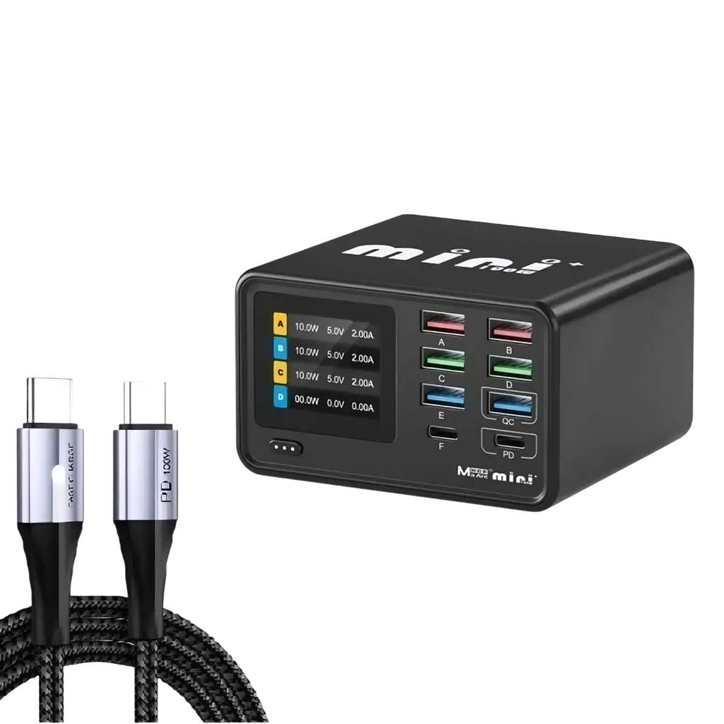 Black dianba mini eu plus charging station 100w usb multi port with color-coded ports and braided type-c cable
