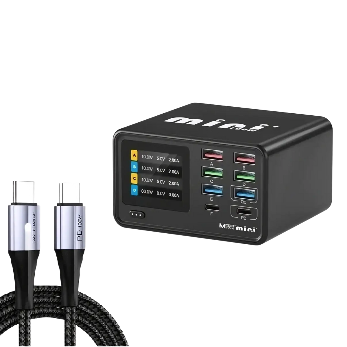 Black dianba mini eu plus charging station 100w usb multi port with color-coded ports and braided type-c cable