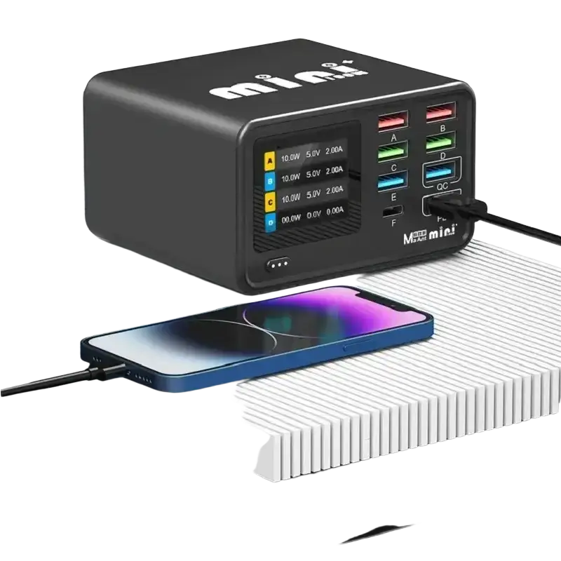 Black mace mini 100w usb-c charging station with color-coded ports and digital display for desktop charging station use
