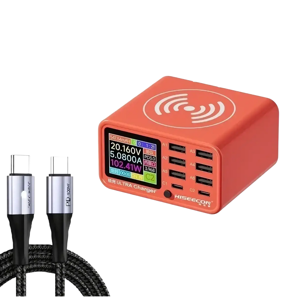 Orange rectangular wireless charging station 100w with multiple usb ports and digital display for desktop charging station