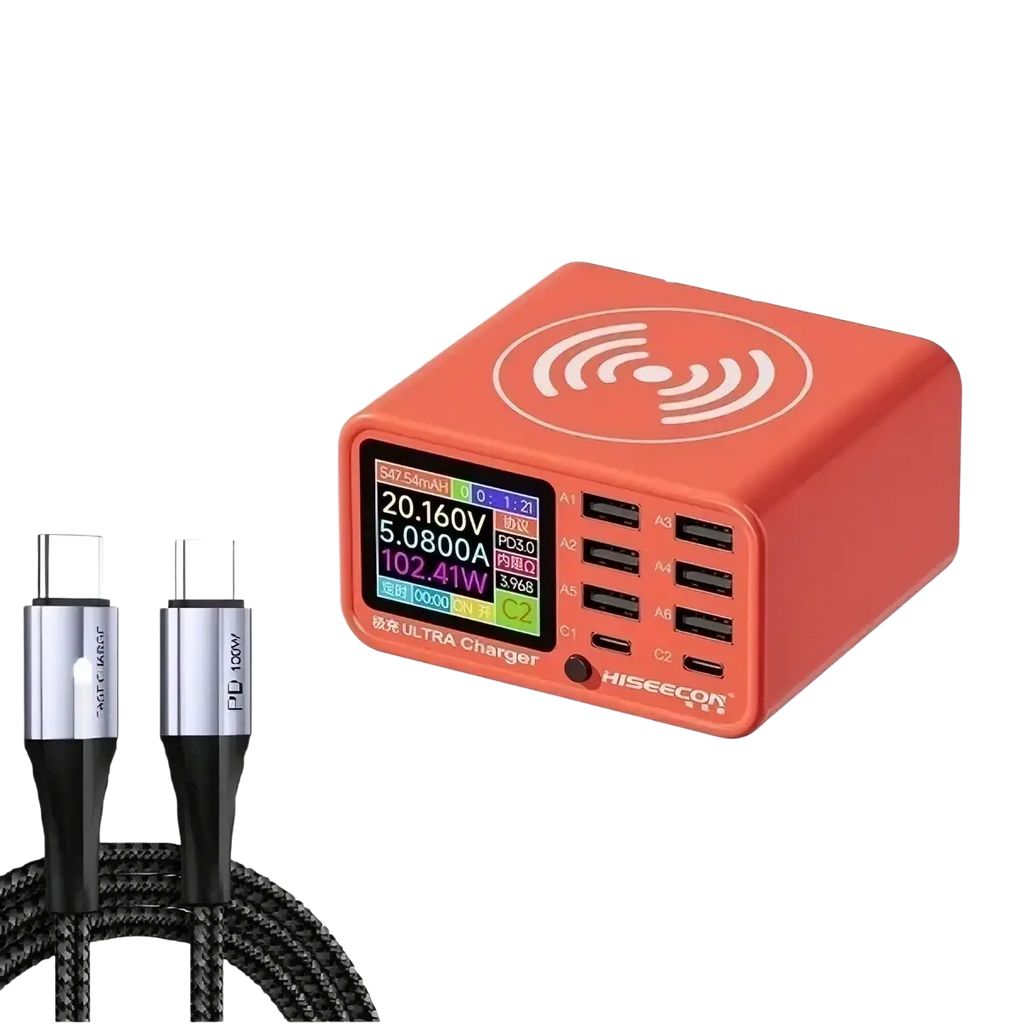 Orange rectangular wireless charging block with multiple usb ports and digital display desktop charging station 100w