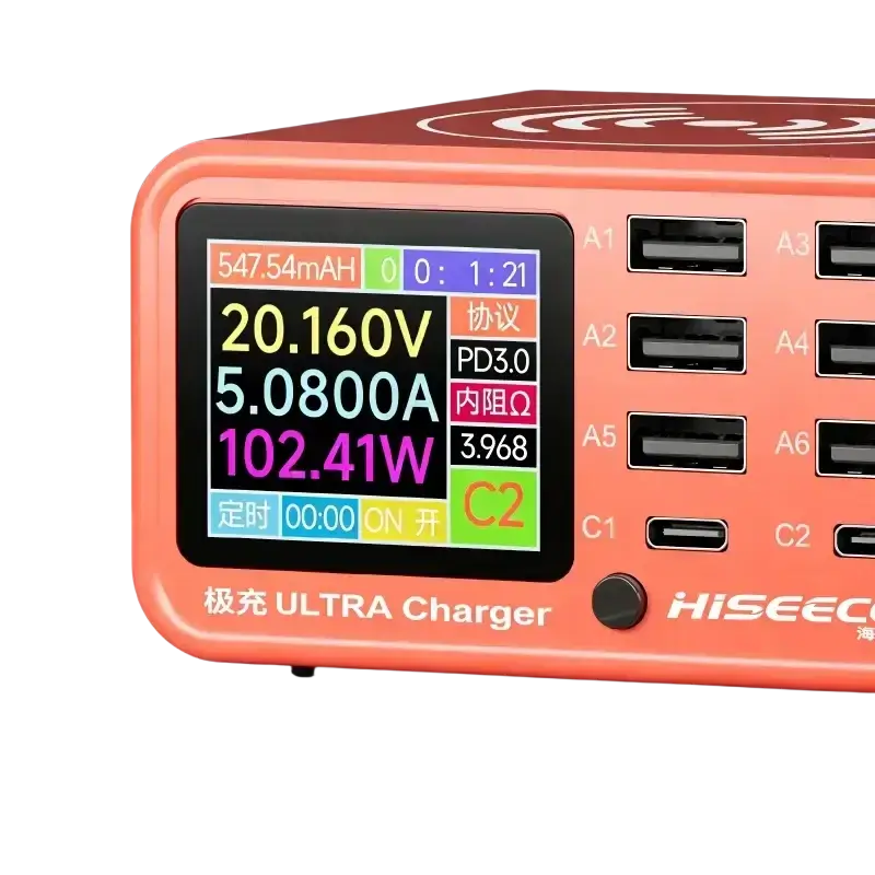 Orange hiseeco ultra 100w desktop charging station with digital display and multiple USB ports for efficient charging