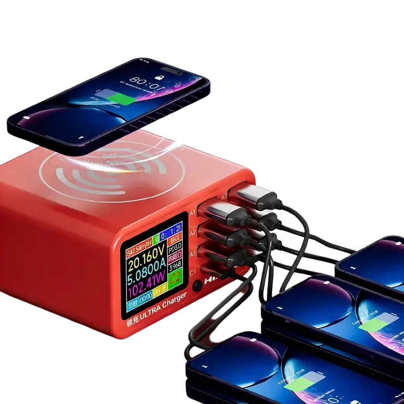 Red rectangular charging station 100w usb multi port with digital display showing voltage current and power output