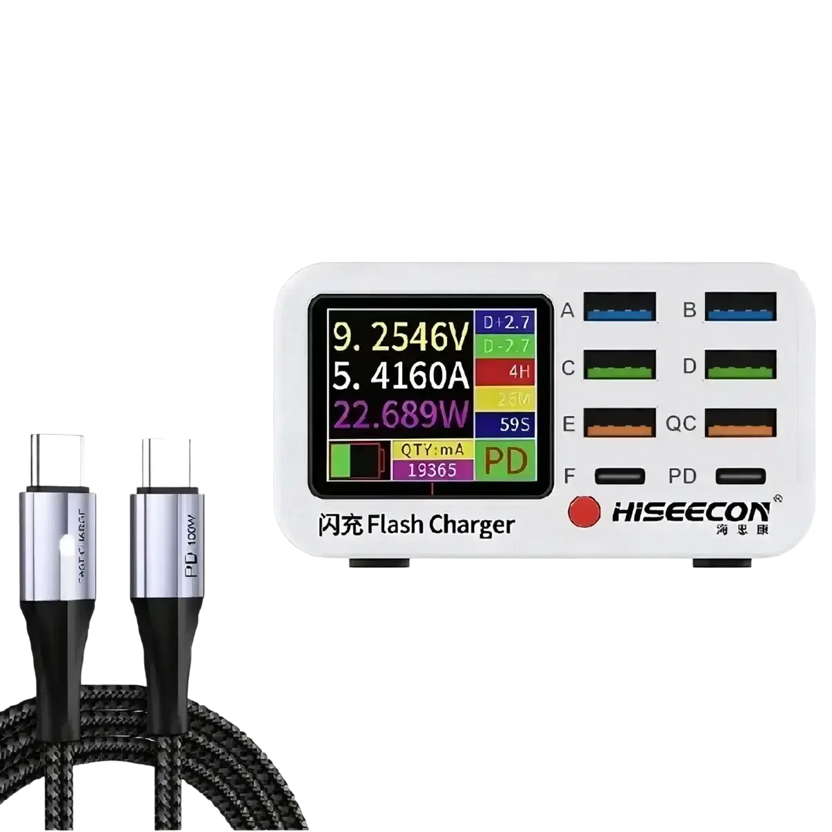 White hiseecon 100w desktop charging station with digital display, six usb ports, and black braided cable with silver connectors