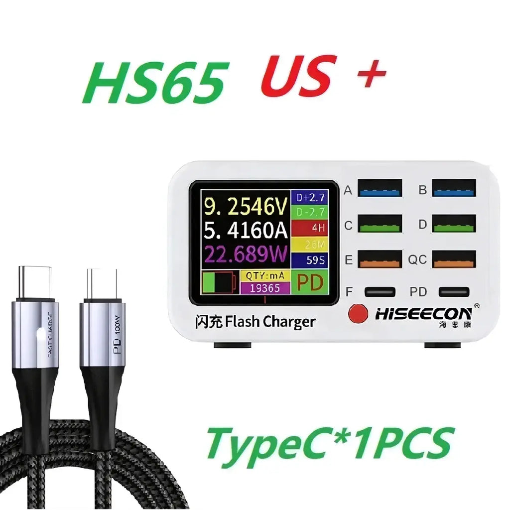 White hs65 us+ multi-port usb-c charging station with digital display and six pd qc ports for desktop charging block