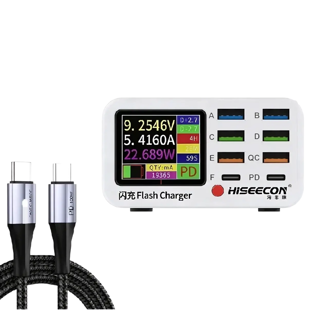 White hs65 eu+ desktop charging station 100w usb multi port with digital display and six ports including pd and qc