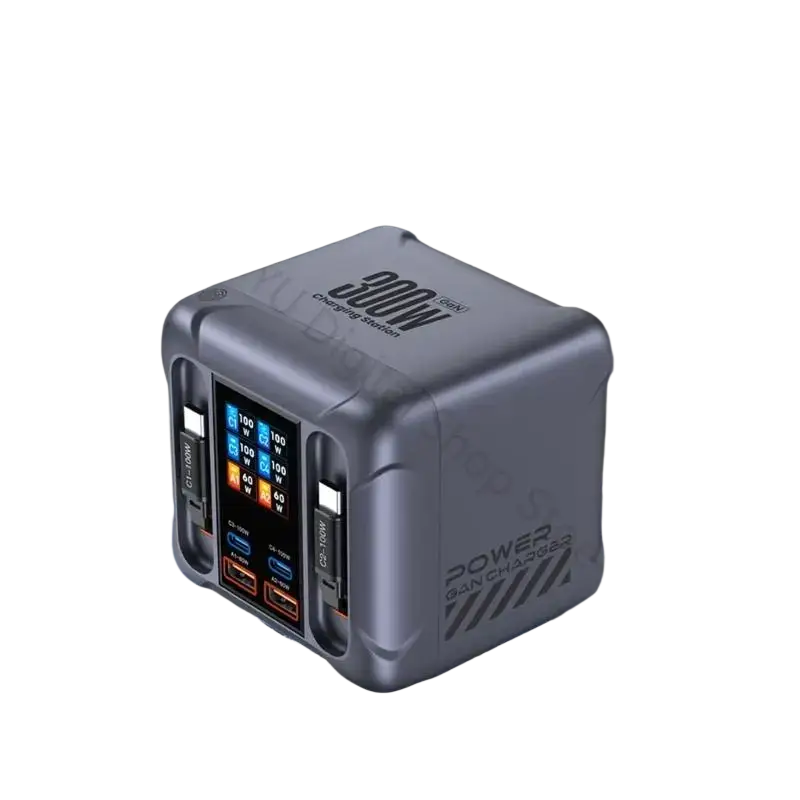 Gray cube-shaped 300w gan black technology charging station with six ports usb c eu plug and digital display
