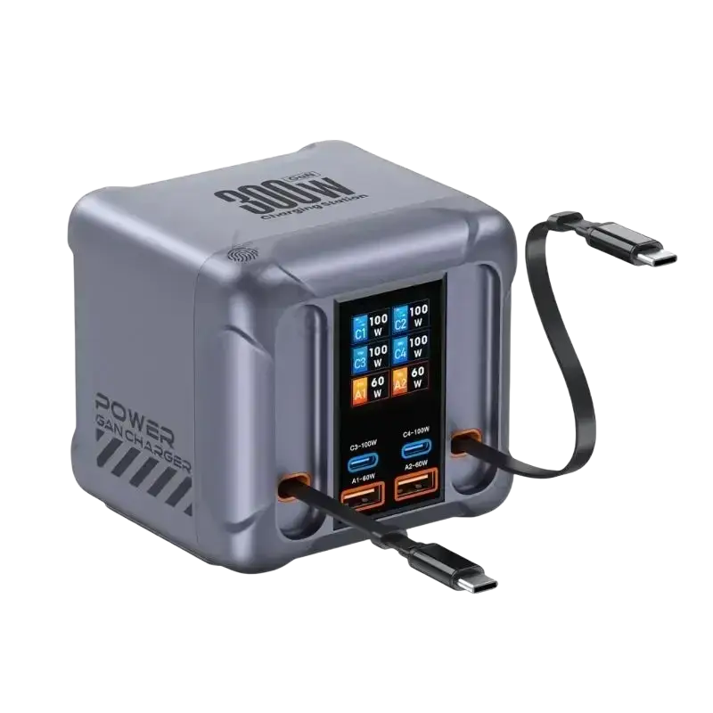 Gray 300w charging station with digital display and multiple retractable usb c ports eu plug for fast charging