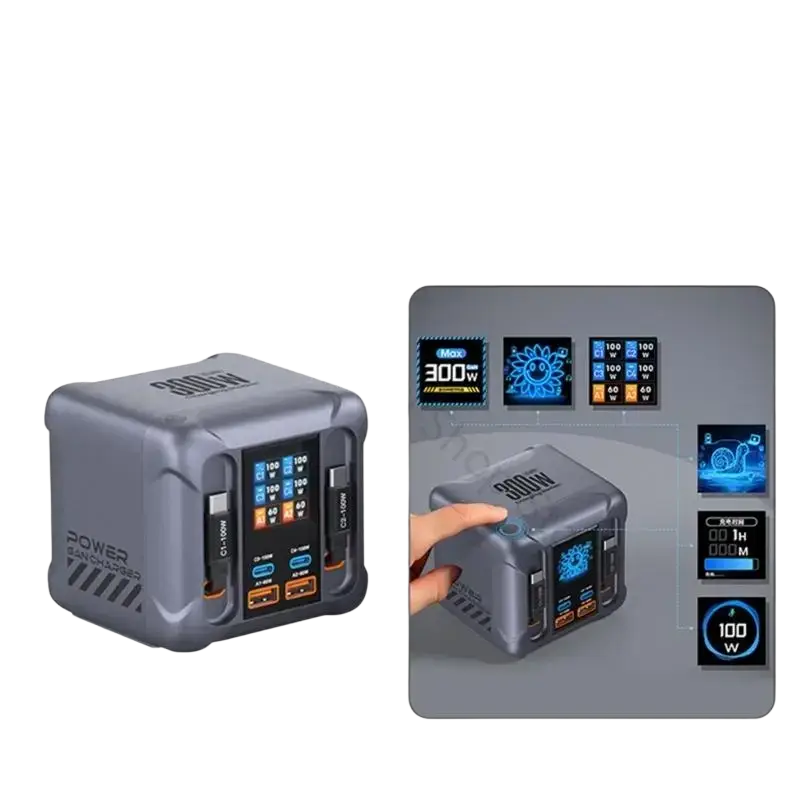 Gray rugged charging station 300w with six usb ports retractable usb-c and digital display showing charging levels
