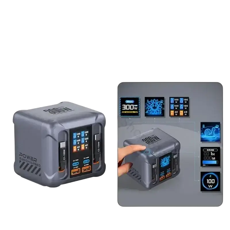Gray rugged 300w portable charging station with retractable usb, six ports, eu plug, and digital display screen
