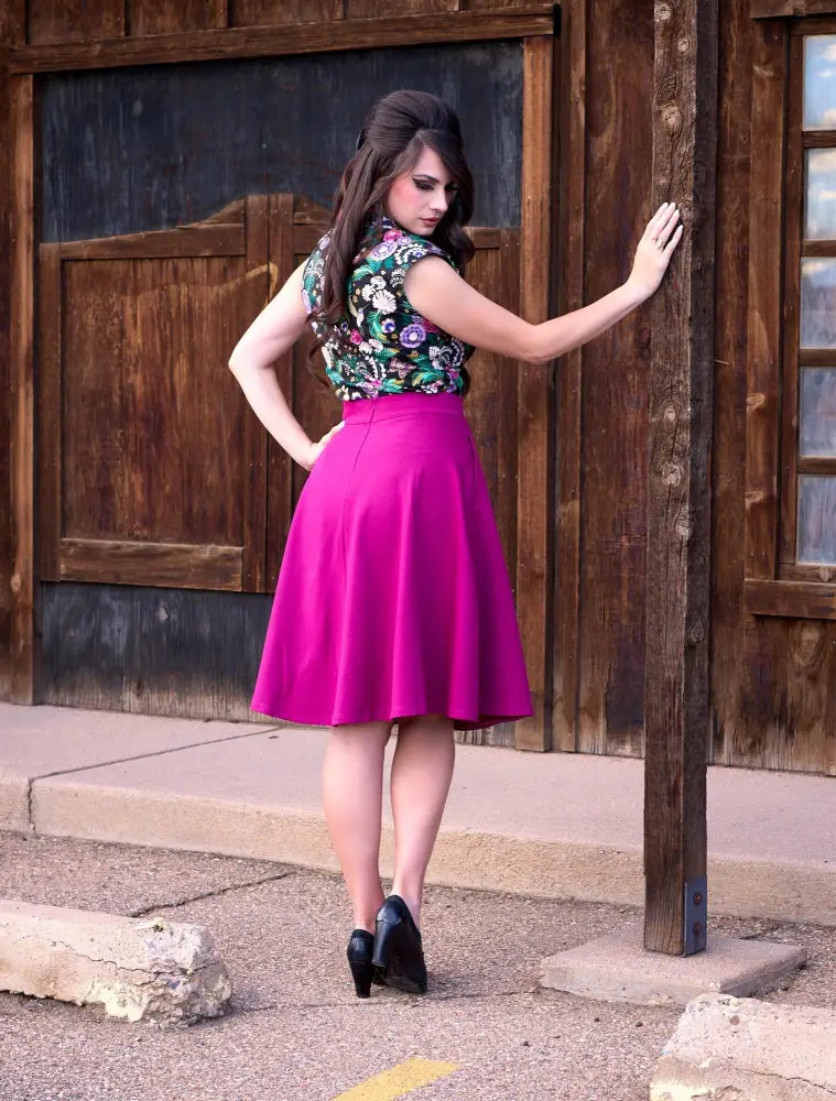 Vibrant fuchsia charlotte high waisted magenta ponte a-line skirt with pockets and smooth flowing fabric
