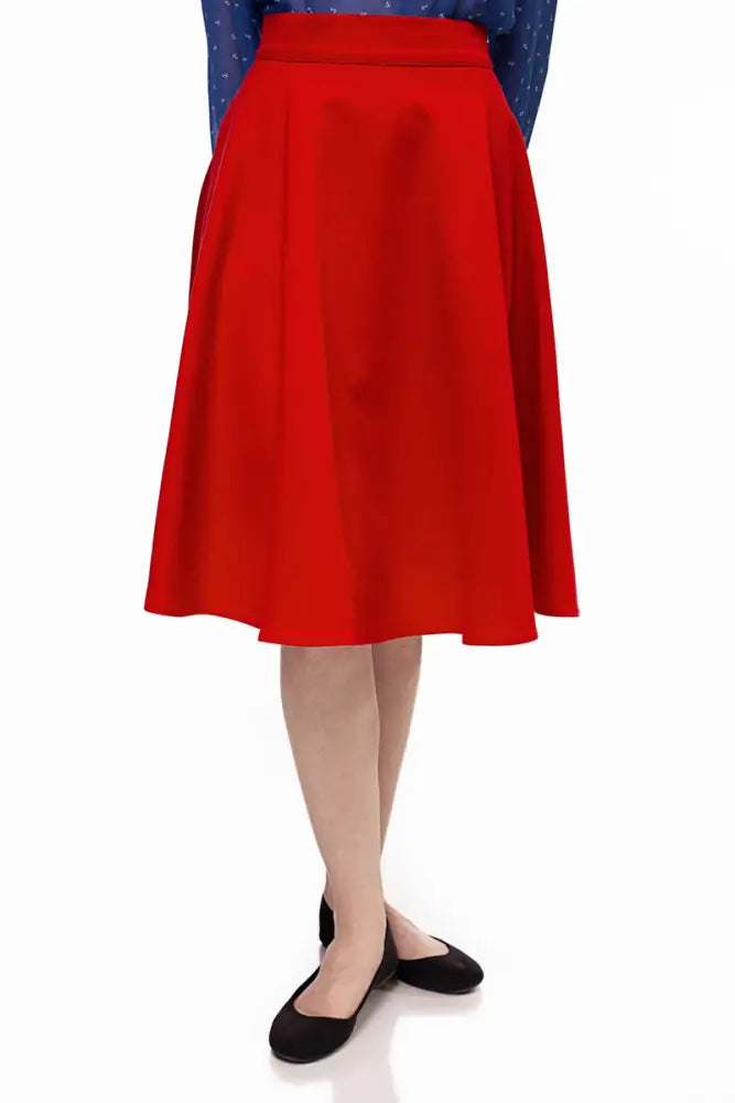 Charlotte red vintage high waisted circle skirt with pockets in vibrant smooth fabric and gentle pleats