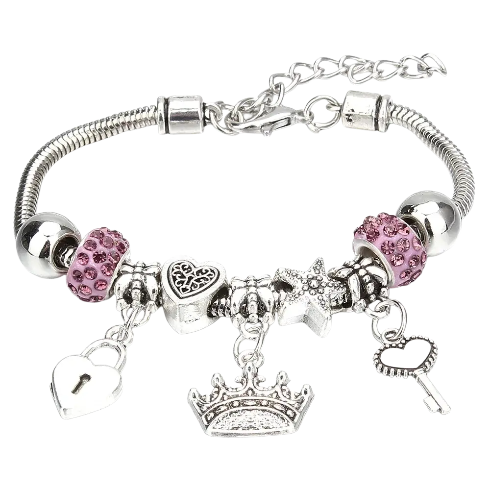 Charm bracelet with silver snake chain and pink crystal beads featuring crown key heart lock and starfish charms for women
