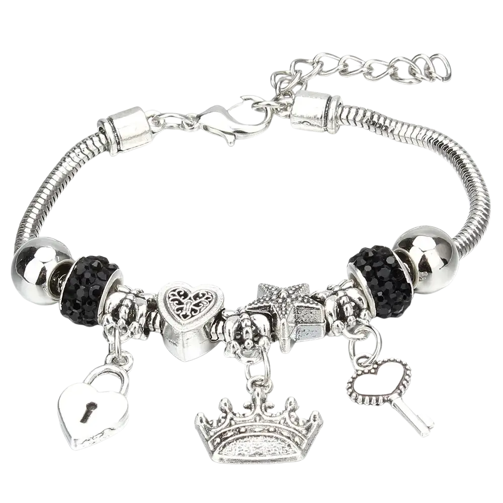 Charm bracelet for women featuring a silver snake chain with black crystal beads and crown key heart lock charms