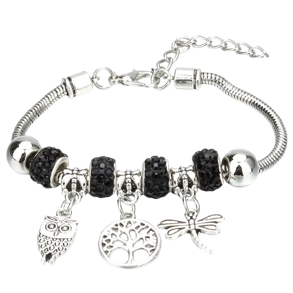 Charm bracelet silver snake chain with black crystal beads and owl tree of life and dragonfly charms for women