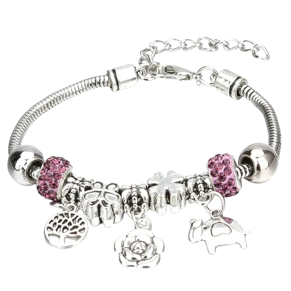 Charm bracelet with silver snake chain and pink crystal beads featuring tree rose elephant and flower charms for women