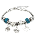 Silver charm bracelet with blue crystal beads and silver tree of life rose and elephant charms for women