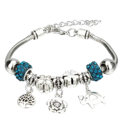 Silver charm bracelet with blue crystal beads and silver tree of life rose and elephant charms for women
