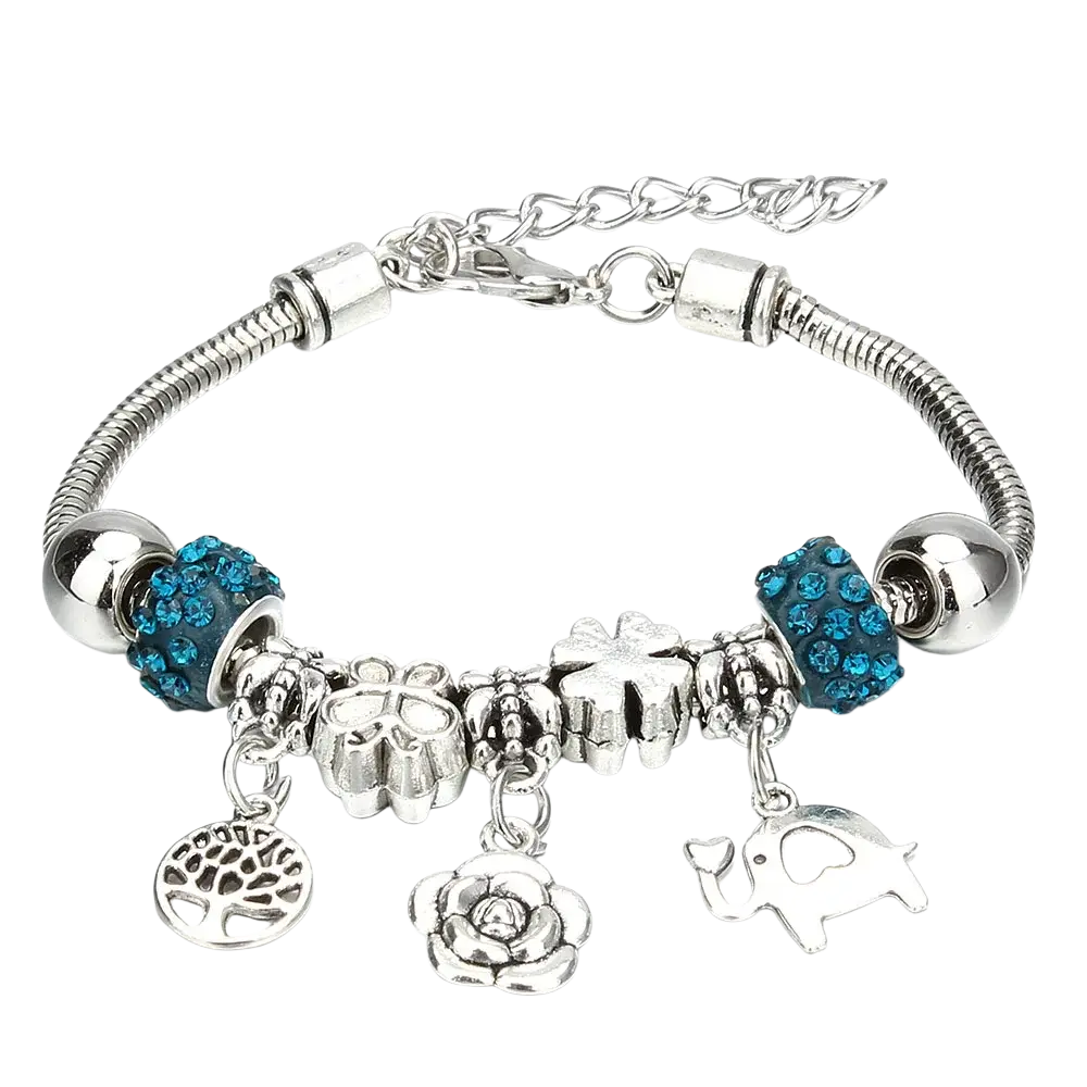 Silver charm bracelet with blue crystal beads and silver tree of life rose and elephant charms for women