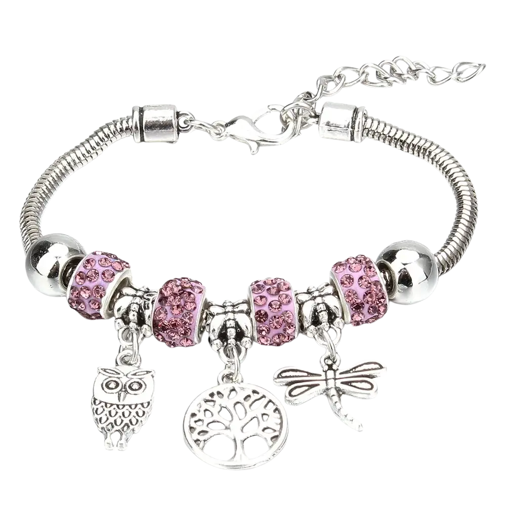 Charm bracelet silver snake chain adorned with pink crystal beads and owl tree of life dragonfly charms for women