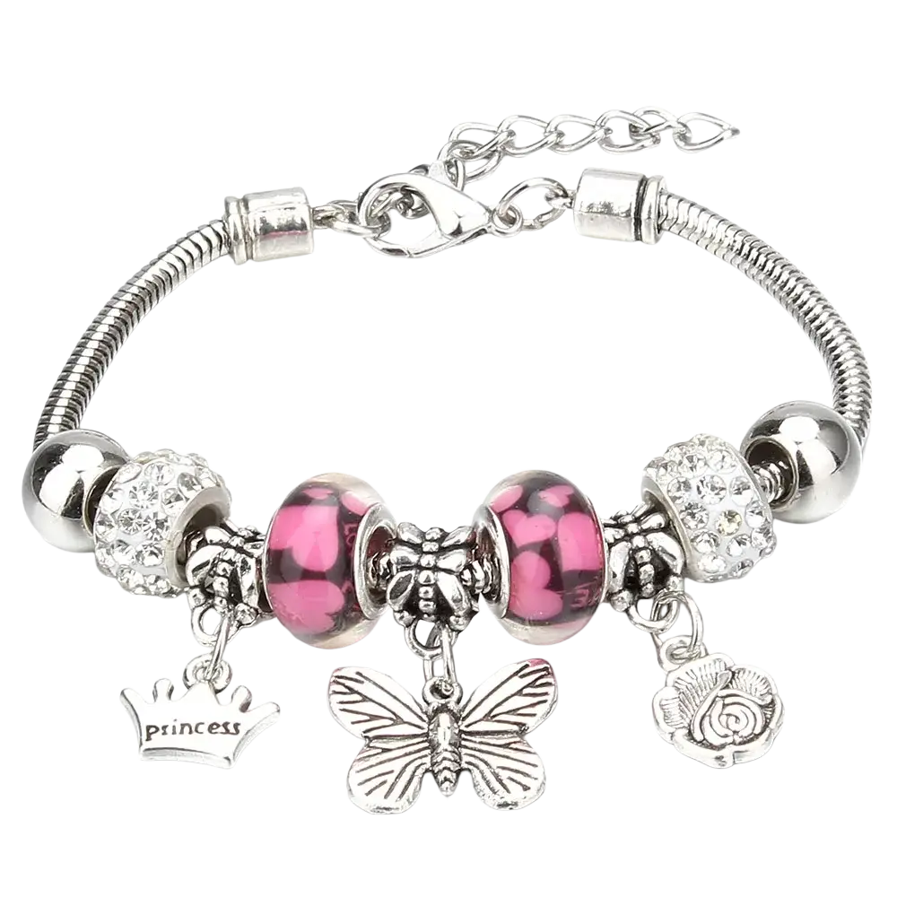 Charm bracelet with silver snake chain featuring pink heart beads, crystal spheres, and crown and butterfly charms