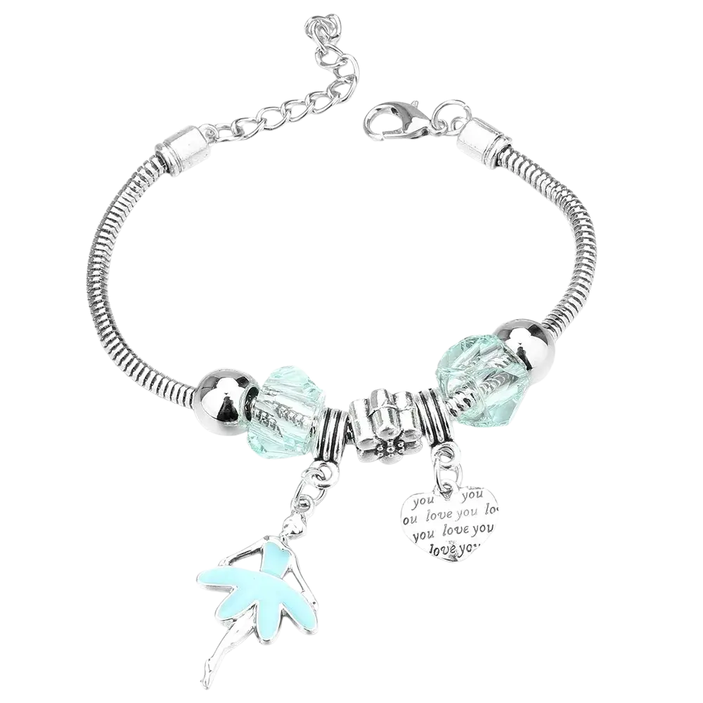 Charm bracelet for women with silver snake chain, light blue crystal beads, dancer charm, and engraved heart pendant
