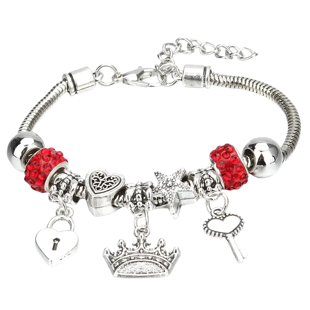 Charm bracelet for women with silver snake chain, red crystal beads, and heart lock crown and key charms