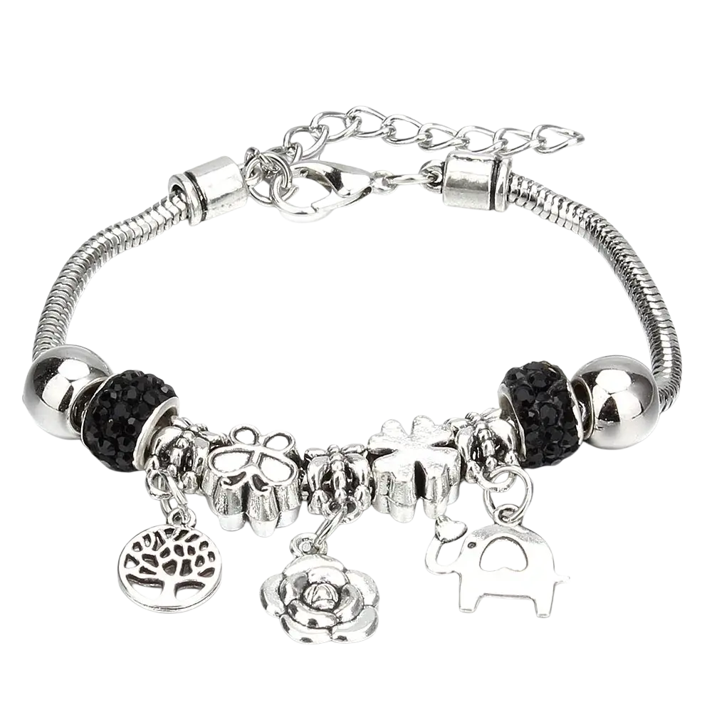 Silver charm bracelet with black crystal beads and tree rose elephant charms for women beaded bracelet accessory