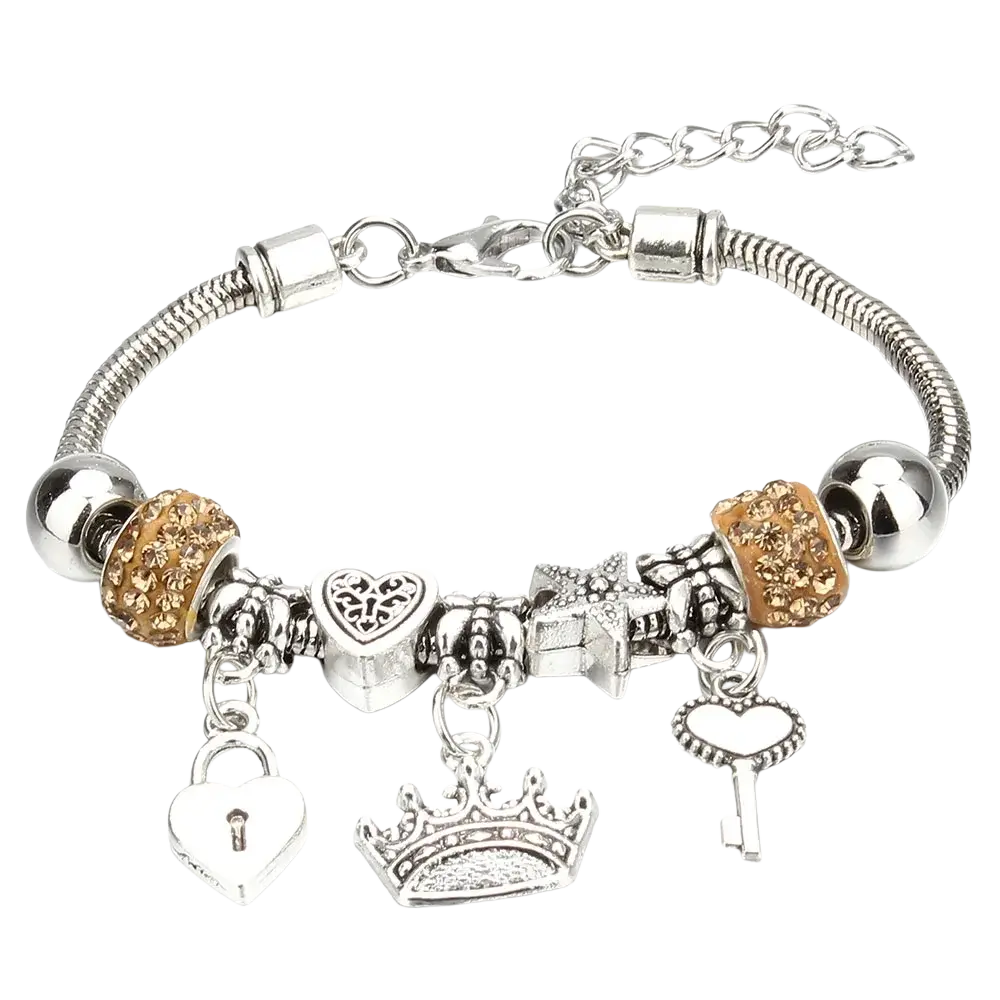 Silver charm bracelet with gold and silver heart crown lock key and star charms for women beaded bracelet design