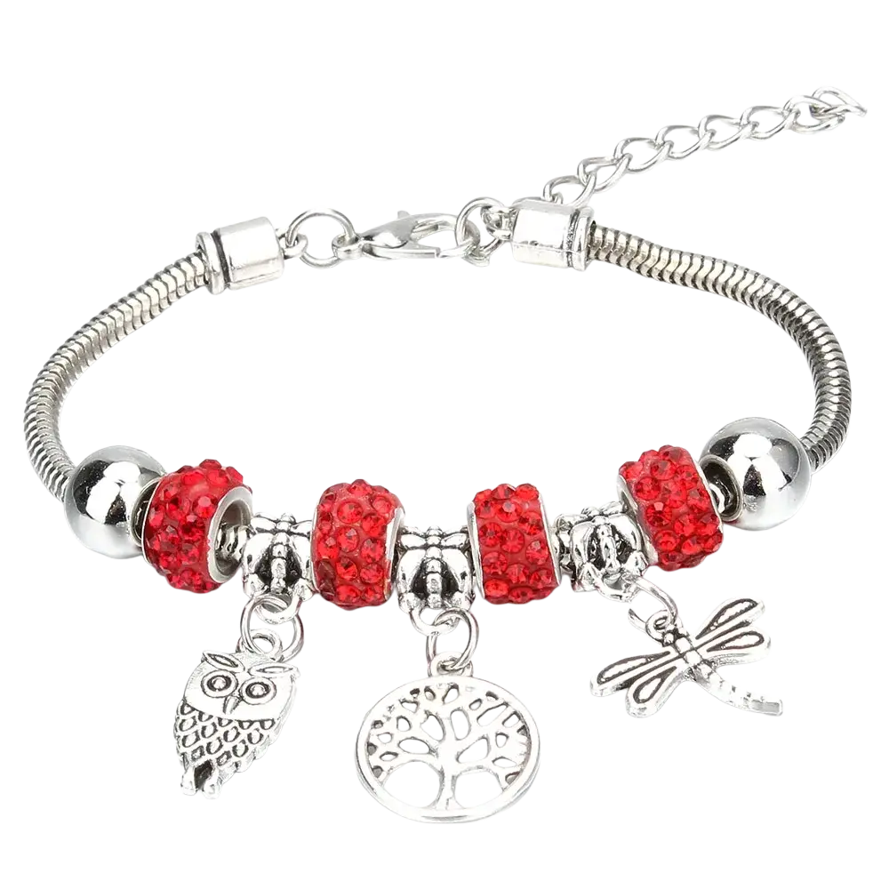 Silver charm bracelet with red crystal beads and owl tree of life and dragonfly charms for women beaded bracelet
