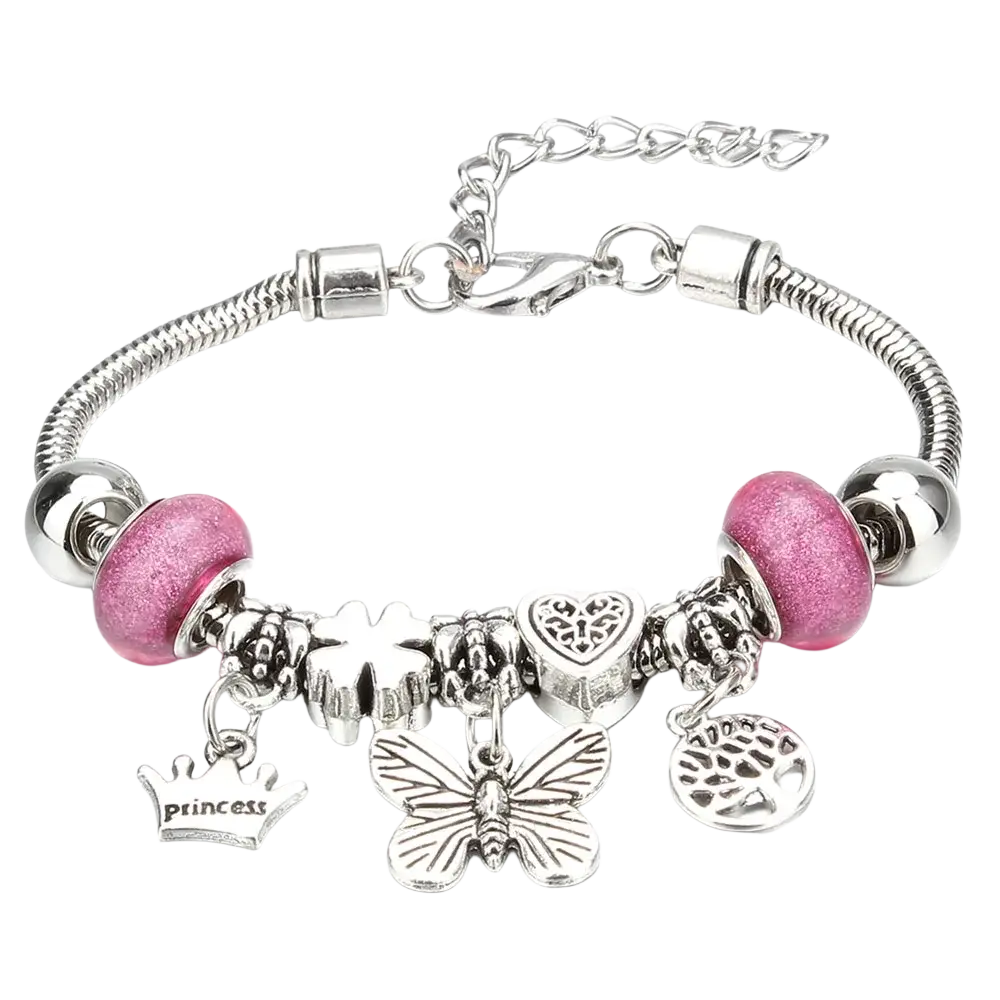 Silver charm bracelet with pink glitter beads and charms including butterfly heart crown engraved princess and tree of life