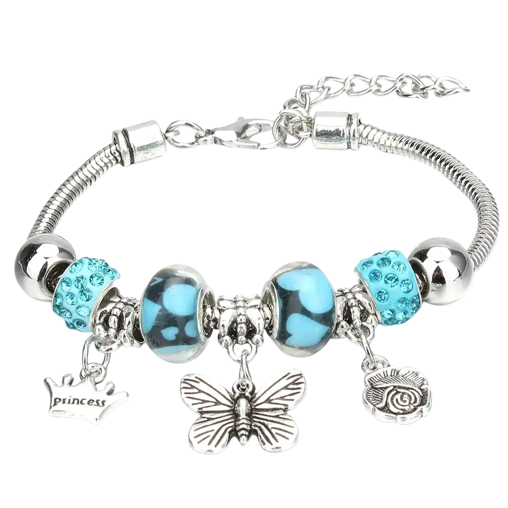 Charm bracelet with silver snake chain beaded bracelet featuring turquoise rhinestones and crown butterfly rose charms