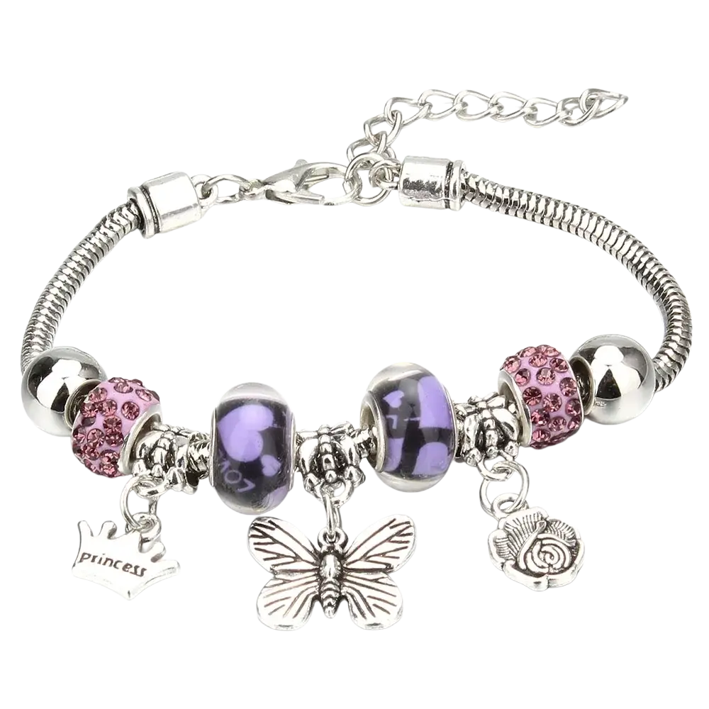 Charm bracelet with silver snake chain adorned with pink and purple crystal beads and crown and butterfly charms