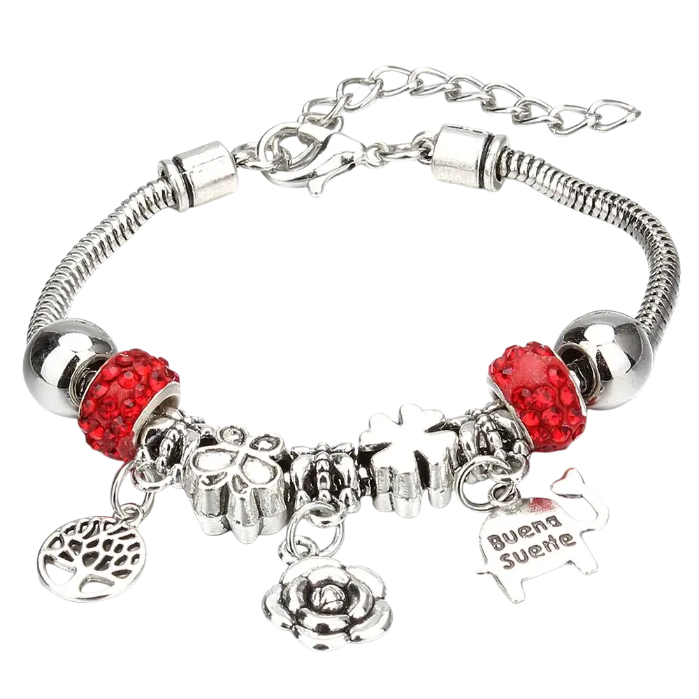 Charm bracelet silver snake chain with red crystal beads and silver dangling charms including rose and elephant engraving
